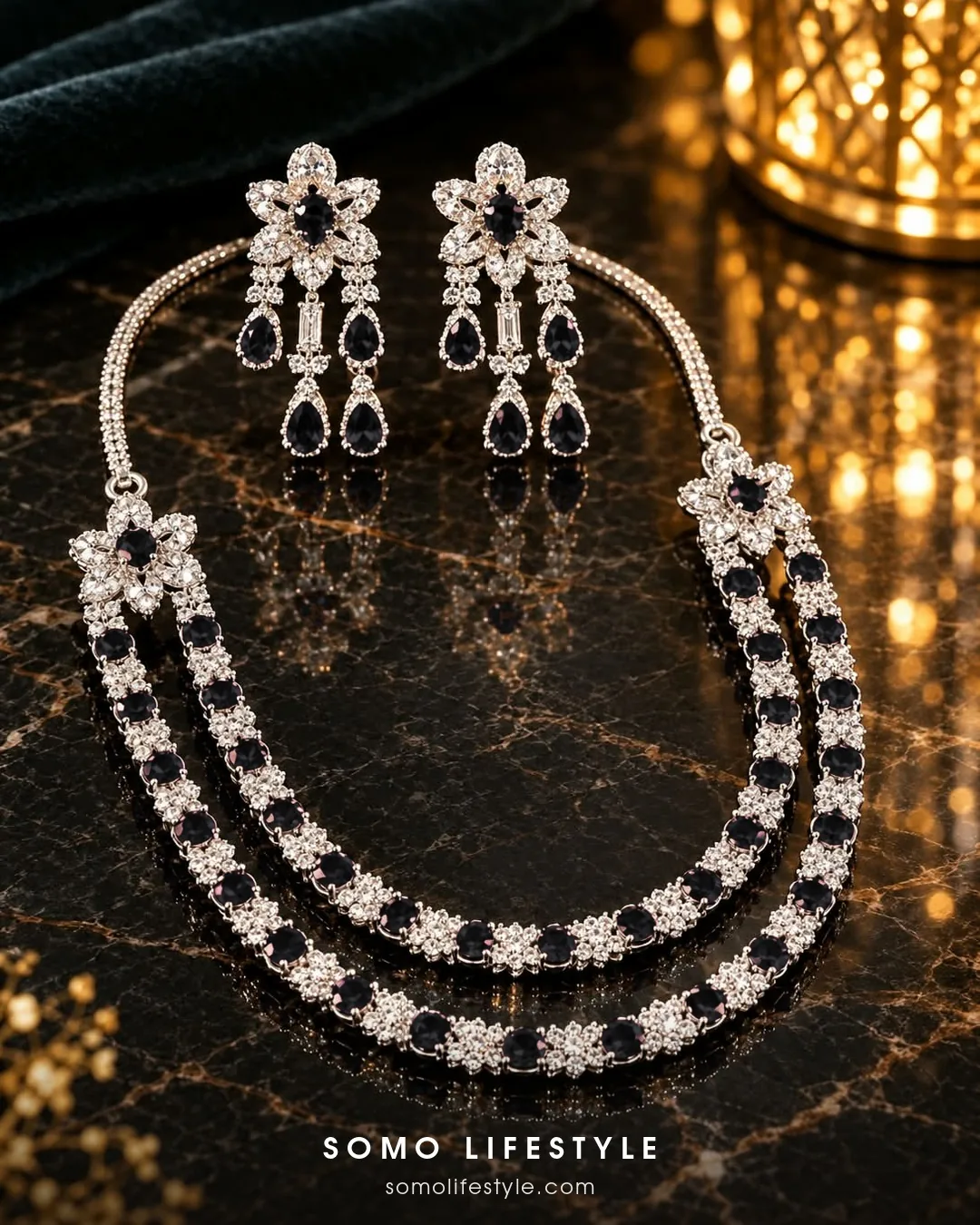 Black Crystal Two-Layer Necklace and Earrings Set - Black