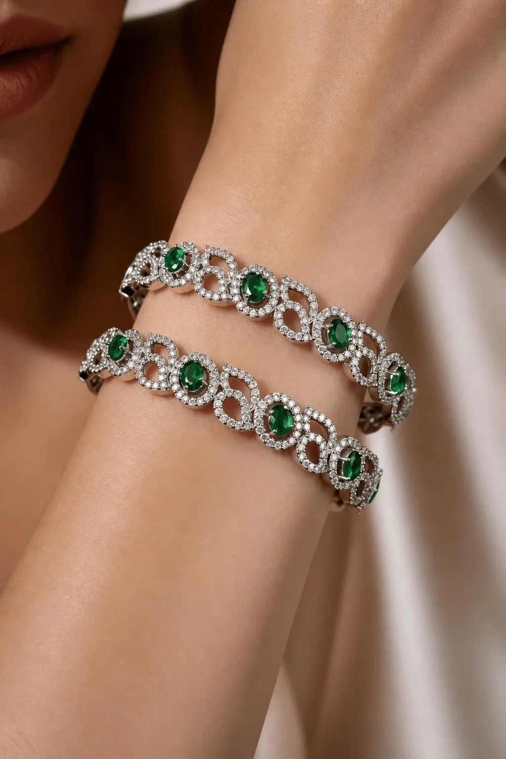 Green Stone Halo Crystal Bracelets - Pair - Green