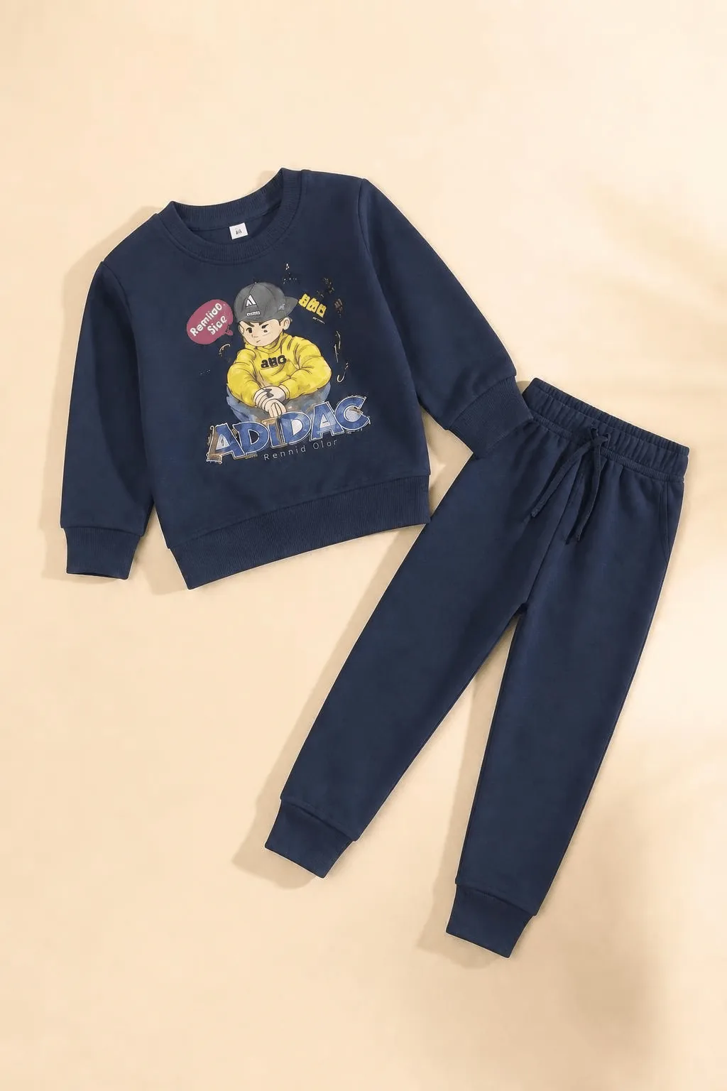 Kids Fleece Tracksuit Set - Cartoon Boy Print Sweatshirt & Jogger (1-5 Years) - Navy