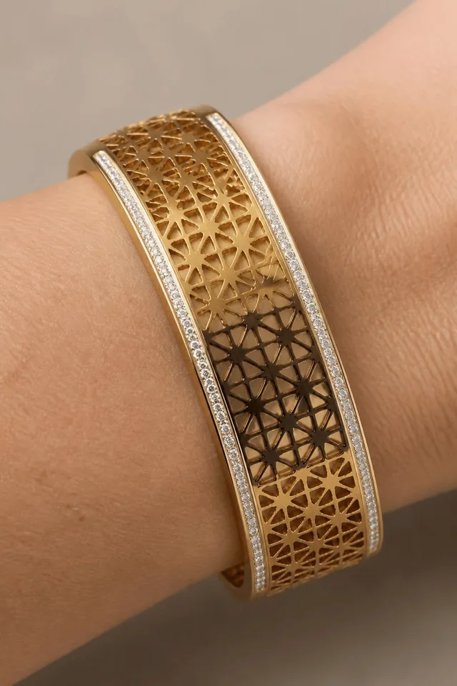 Golden Lattice Bangle with Crystal Edge