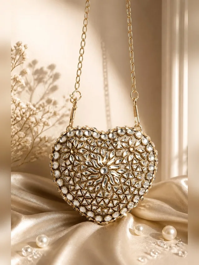 Heart Crystal Clutch Bag with Chain