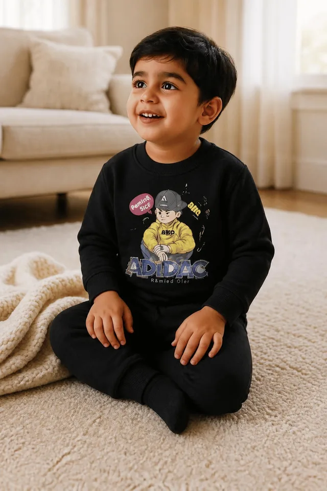 Cartoon Boy Print Fleece Tracksuit - Black