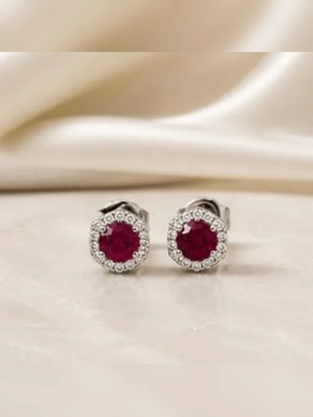 Round Crystal Stud Earrings - Colour Stone - Ruby Red