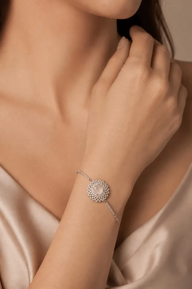 Round Halo Crystal Bracelet - Colour Stone - Light Pink