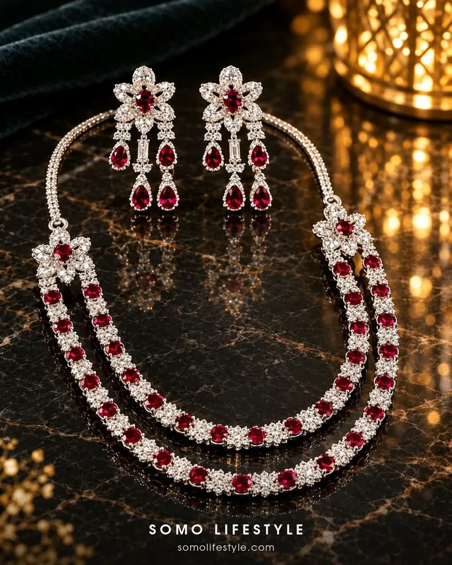 Ruby Red Crystal Two-Layer Necklace and Earrings Set - Ruby Red