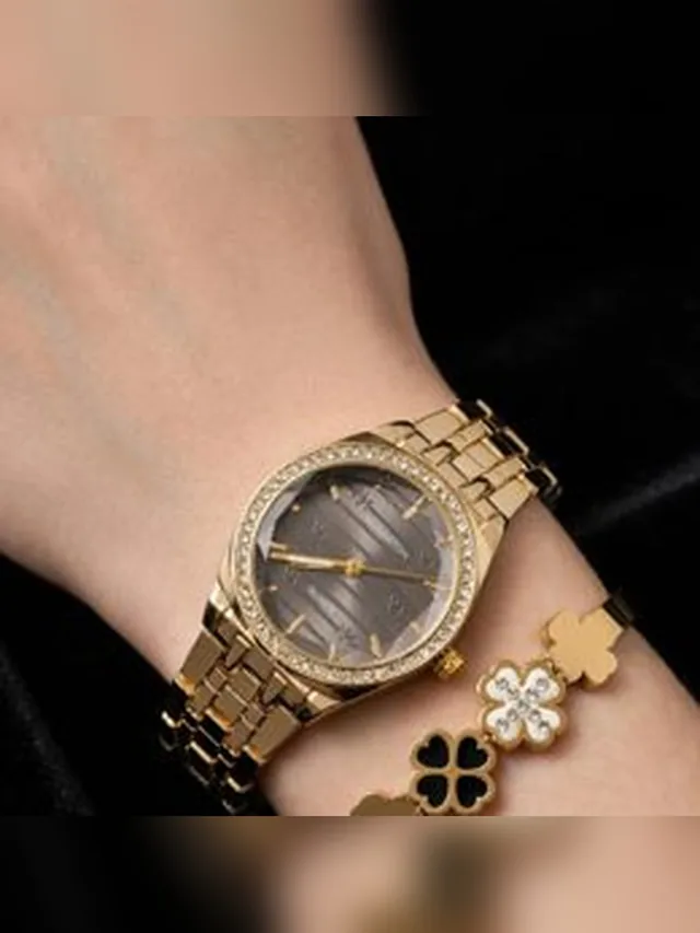Women's Crystal Bezel Watch with Bracelet - Gold Grey Dial