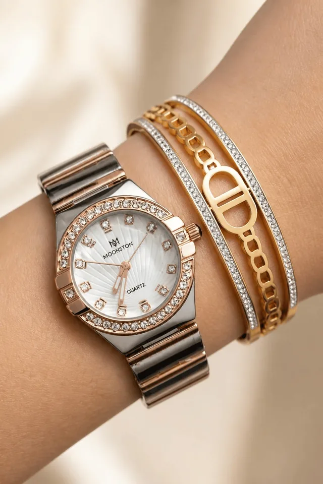 Women's Crystal Bezel Watch with Bracelet - Rose Gold White Dial